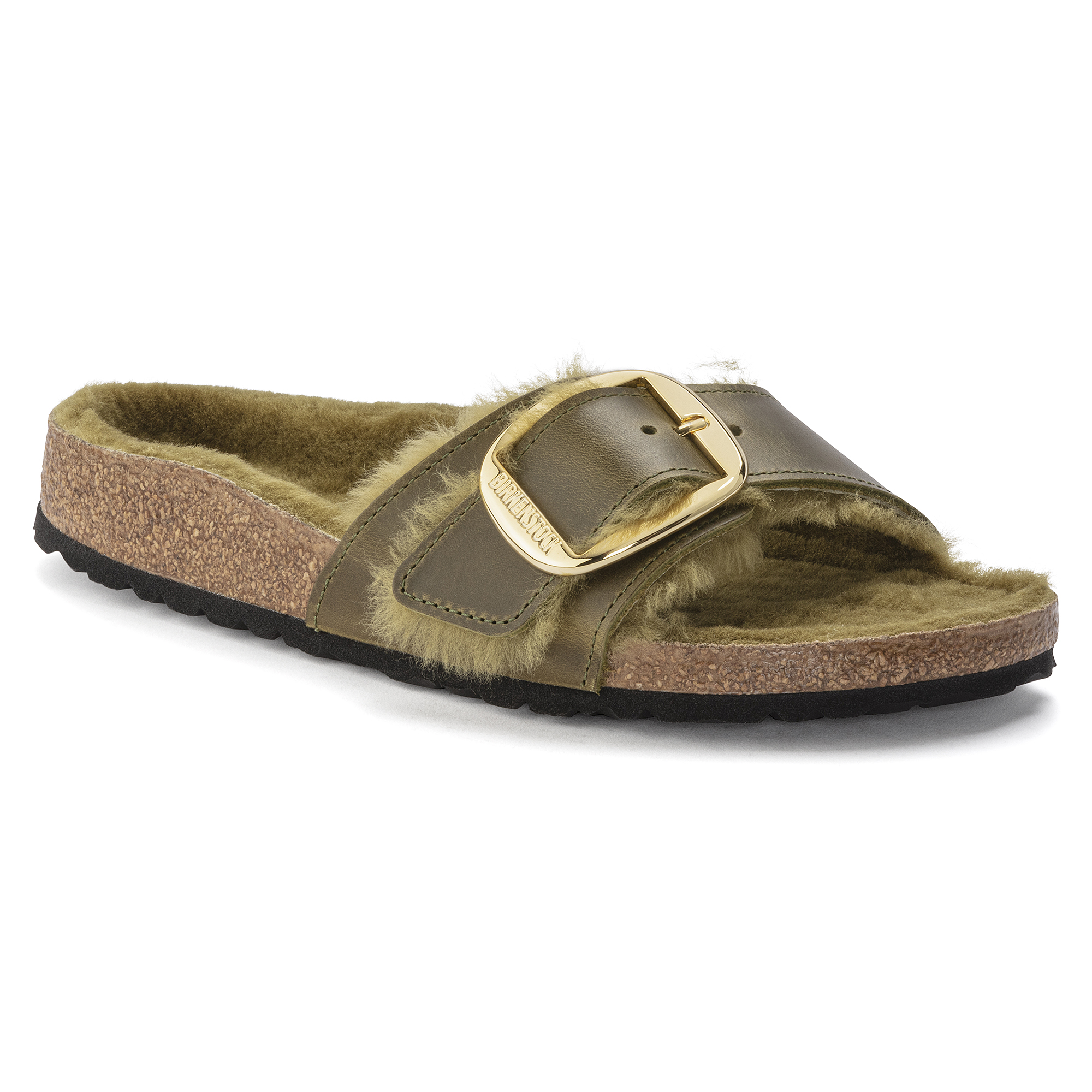 BIRKENSTOCK Arizona Big Buckle Shearling Sandal in Green Olive